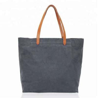 Fashion women blank canvas handbag tote bag with leather handle